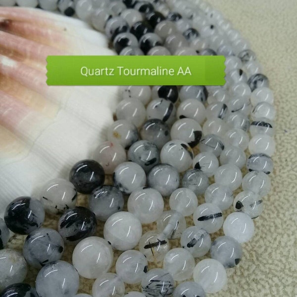 Perles en pierre naturelle de QUARTZ TOURMALINE extra AA pour bracelet, lots sur mesure en véritable pierre semi précieuse, 6 & 8mm