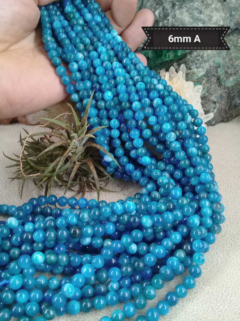 NEW Brin de 40cm en Perle d'APATITE BLEUE 6 ou 8mm Grade A de Madagascar, Véritable Pierre Naturelle Semi Précieuse en Perle Ronde Lisse 6mm A bleu/vert