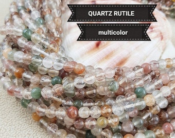 Lot de perles de QUARTZ RUTILE AA 6,8mm multicolore, perle ronde lisse en véritable pierre naturelle semi précieuse