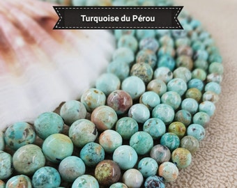 Rare Perle de Turquoise du Pérou 6 8 & 10mm, Véritable Pierre Naturelle Semi Précieuse en Perle Ronde Lisse