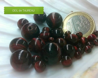 Lot de perles d'OEIL de TAUREAU, perle ronde lisse en véritable pierre naturelle semi précieuse, 4mm 6mm 8mm 10mm 12mm