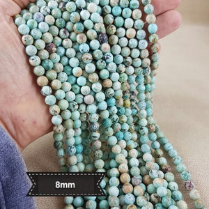 NEW Brin de 40cm en Perle de Turquoise du Pérou 6 ou 8mm, Véritable Pierre Naturelle Semi Précieuse en Perle Ronde Lisse 8mm Pérou