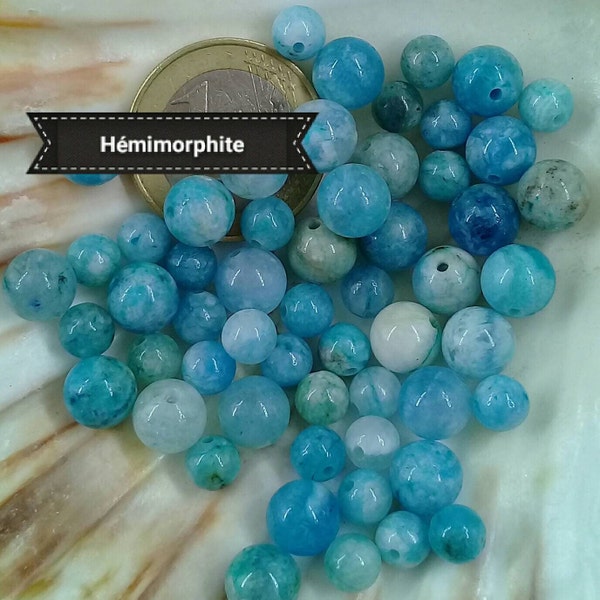 Very RARE HEMIMORPHITE bead set, smooth round bead in genuine semi precious natural stone, 6mm 8mm