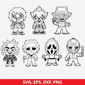 May include: Black and white cartoon illustrations of horror movie characters, including Chucky, Pennywise, Freddy Krueger, Beetlejuice, Michael Myers, Ghostface, and Jason Voorhees. The image includes the text "SVG. EPS. DXF. PNG".