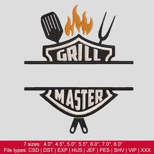 Peut inclure: Un motif de broderie avec une spatule et une fourchette noires entourant une flamme orange au-dessus du mot GRILL. Sous une ligne horizontale, le mot MASTER est centré dans une forme de barbecue noir et blanc. Texte : 7 tailles : 4.0", 4.5", 5.0", 5.5", 6.0", 7.0", 8.0".