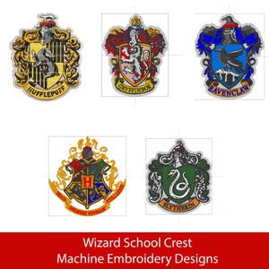 May include: Machine embroidery designs of five school crests. The crests include Hufflepuff, Gryffindor, Ravenclaw, Hogwarts, and Slytherin. Each crest is a different colour and features a unique animal or symbol. The text "Wizard School Crest Machine Embroidery Designs" is at the bottom.
