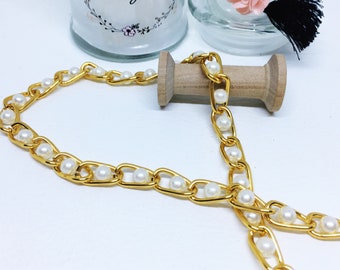 Chain, 15 mm mesh chain per meter Gold color with pearls