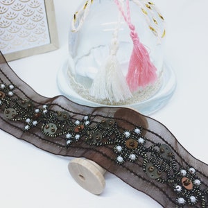Brown braid, embroidered with bronze sequins and white pearls 40 mm image 2