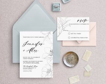 Black and White Floral Wedding Invitation | Minimalist Wedding Invitations | 4 piece wedding invitation suite for modern weddings