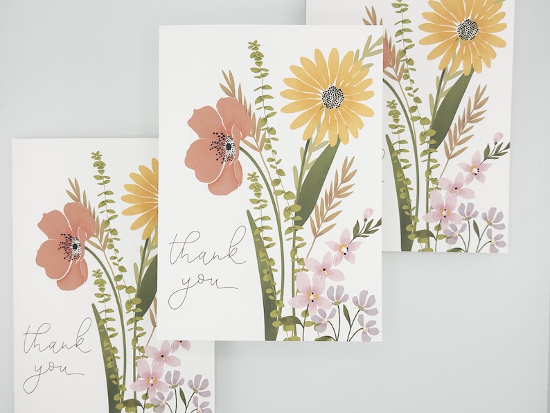 Simple Flower Thank You Cards With Envelopes | Set of 10 Blank Floral ...