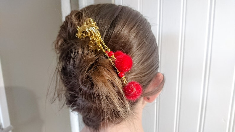 original and elegant creation gift idea red jade beads and pompoms hairstyle accessory Hair pic