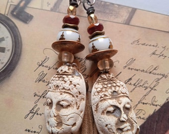 Boucles d oreilles Bouddha céramique artisanale OU Statues Moai Ile de Paques OU Sorcier africain