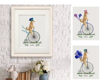 Shiba lnu print DIGITAL DOWNLOAD Dog Portrait Custom and Personalized, Custom Illustration Pet portrait for dog lover, penny farthing bike