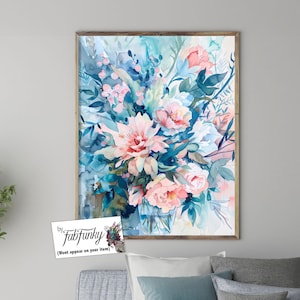 Stampa artistica floreale rosa e celeste, splendido poster floreale pastello, moderna stampa botanica da parete in stile acquerello, natura morta romantica