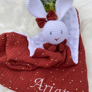 Doudou personalized crochet rabbit double gauze with golden polka dots