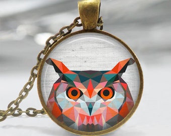 Collier "hiboux origami" cabochon medaillon pendentif en verre et chaine