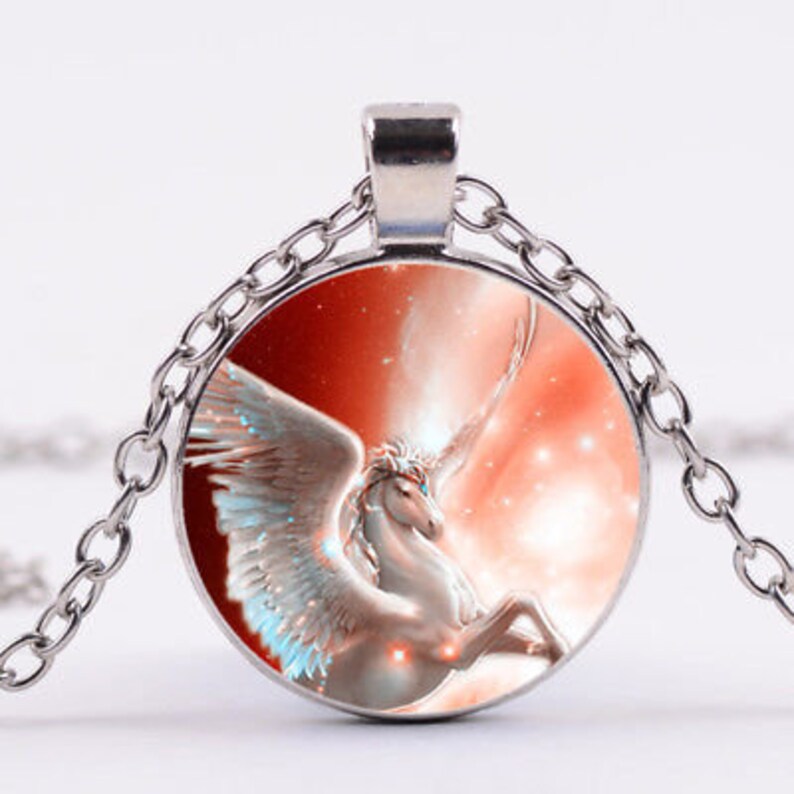 Unicorn Medallion Glass Cabochon Pendant Necklace