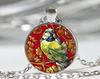 Collier "L'oiseau" pendentif cabochon en verre chaine