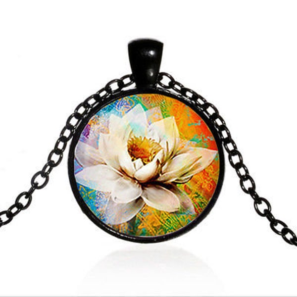 Collier "Fleur de lotus" cabochon medaillon pendentif verre et chaine