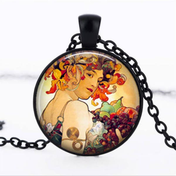 Collier" femme de l'automne"Alfons Mucha pendentif cabochon en verre chaine