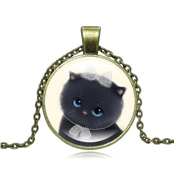 Collier chat pendentif cabochon en verre chaine bronze