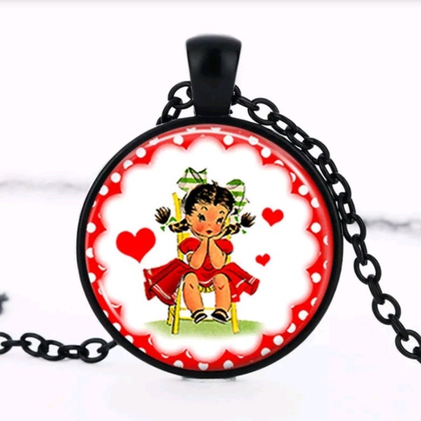 collier rétro valentine, saint Valentin pendentif medaillon cabochon en verre