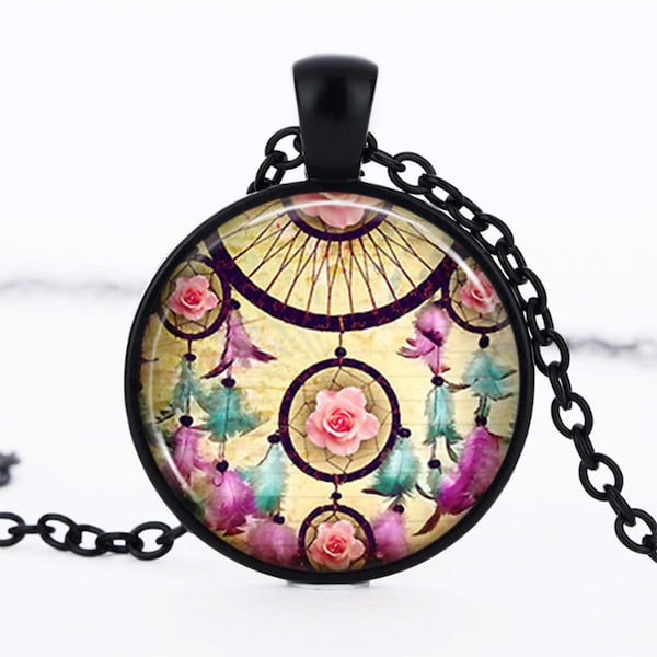 Collier "Plumes Dream Catcher Attrape-rêves Capteur de Rêves  " pendentif cabochon en verre chaine métal