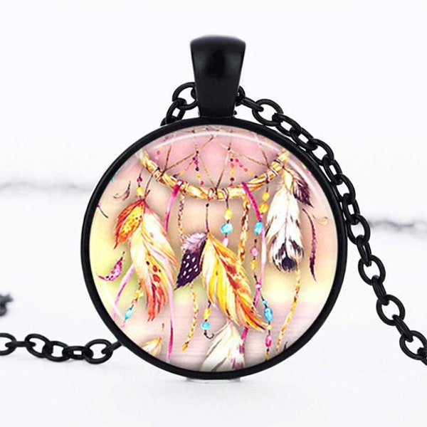 Collier "Plumes Dream Catcher Attrape-rêves Capteur de Rêves  " pendentif cabochon en verre chaine métal