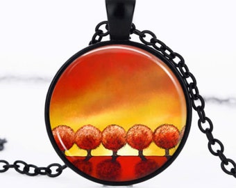 Collier " levé de soleil"  abstrait pendentif medaillon cabochon verre