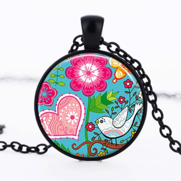 Collier fleurs,oiseau art abstrait pendentif cabochon en verre chaine métal noire