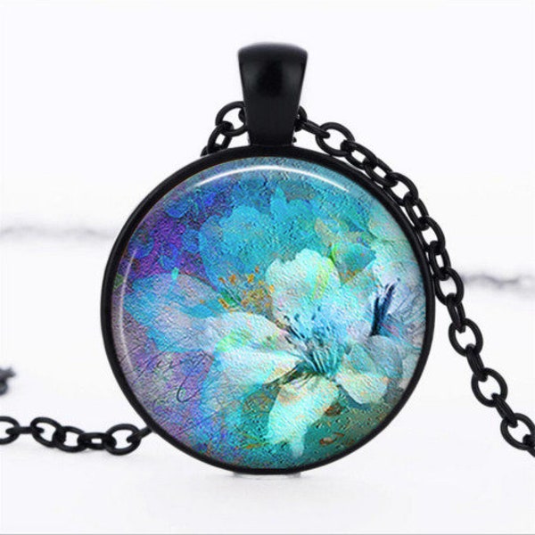 Collier "Fleurs" cabochon medaillon pendentif verre et chaine