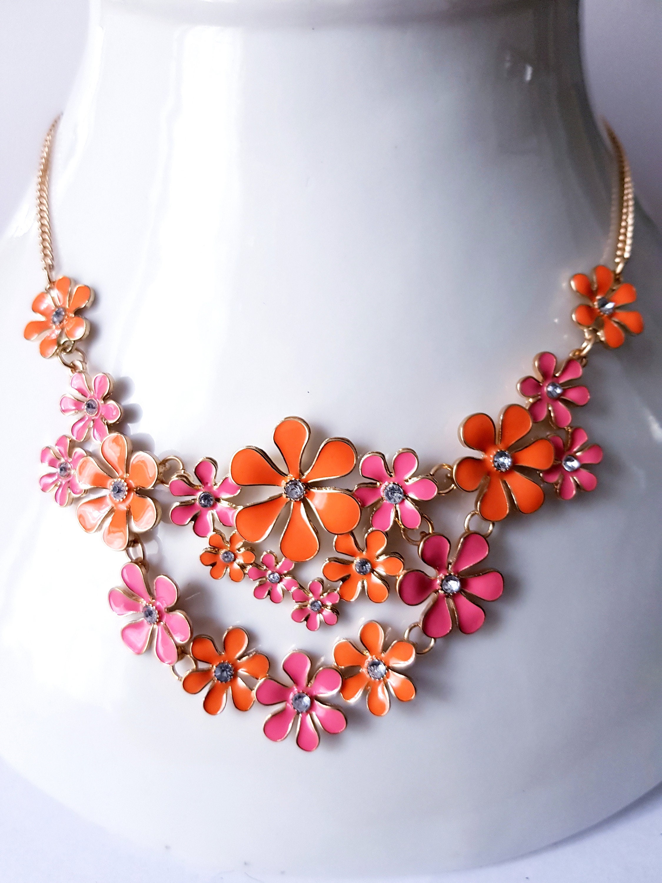 Colorful necklace pink flowers and enamelled oranges Etsy