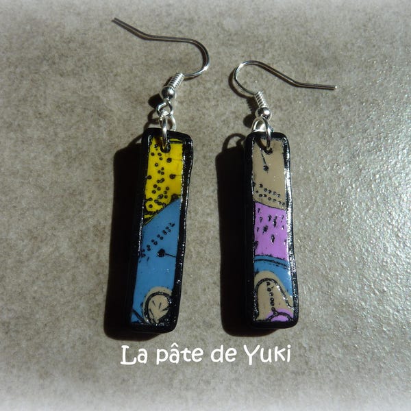 Rectangular earrings, pink blue yellow, handmade, polymer paste, for women or girls