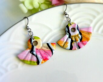 Handmade hypoallergenic green pink orange fan earring in polymer clay for women or girls