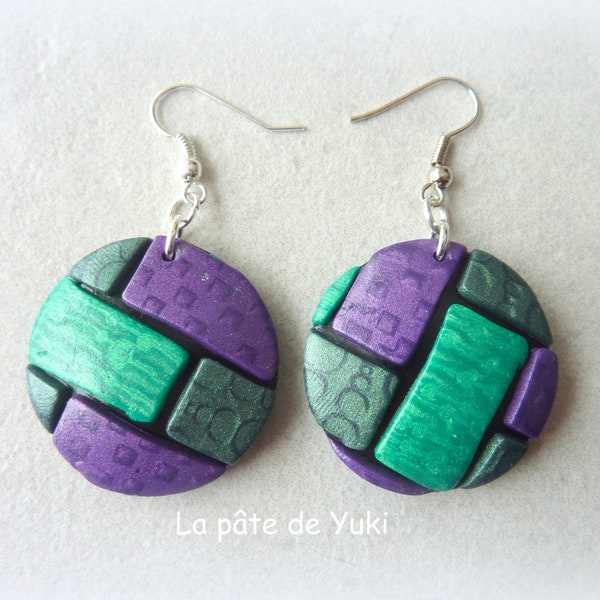 Round earrings, black grey purple green, mosaic effect, handmade, polymer paste, for women or girls