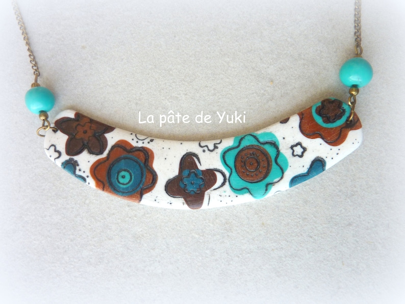floral for women Bib necklace white brown black turquoise polymer clay handmade