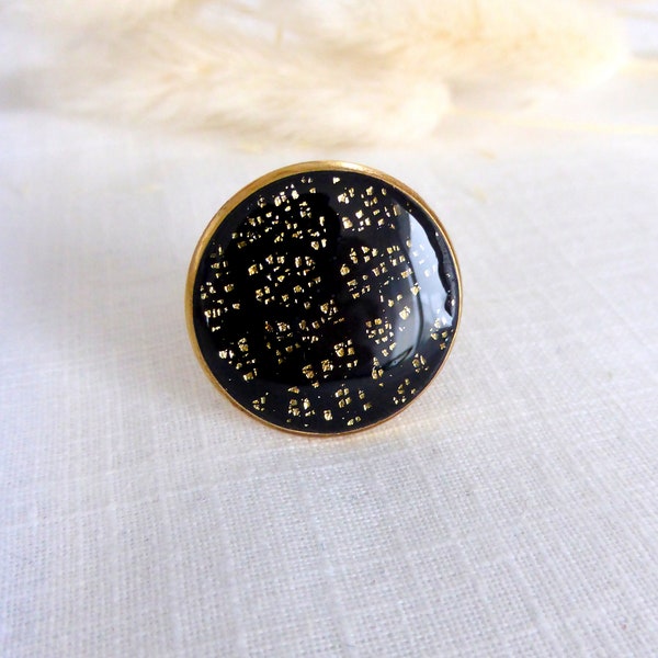ADJUSTABLE round black and gold cabochon ring handmade in polymer clay and resin for women