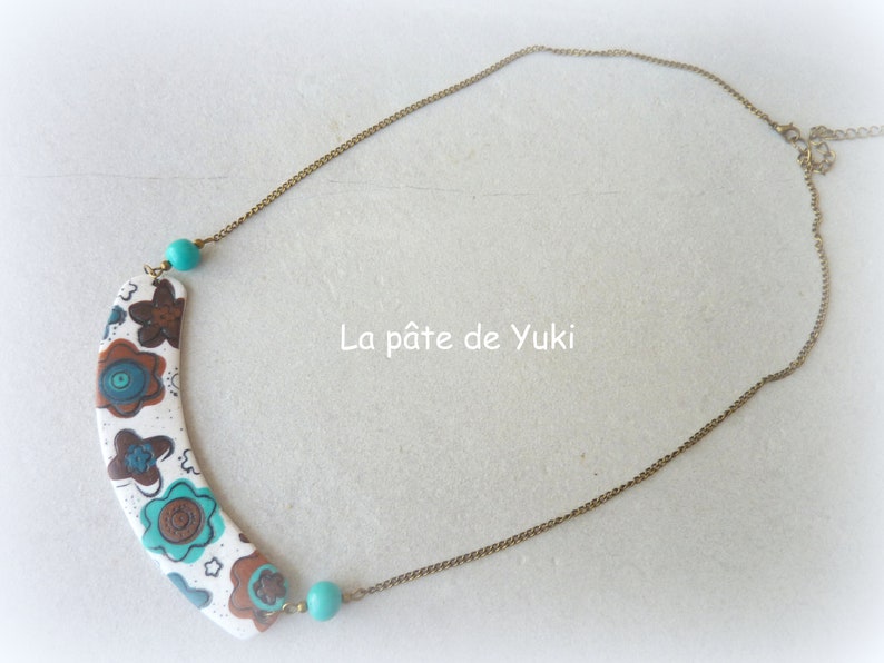 floral for women Bib necklace white brown black turquoise polymer clay handmade