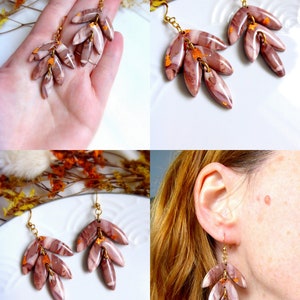 Modern earring in beige brown colors and handmade hypoallergenic copper leaf in polymer clay for women or girls image 5