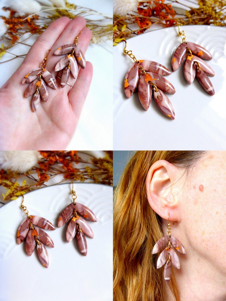 Modern earring in beige brown colors and handmade hypoallergenic copper leaf in polymer clay for women or girls image 5