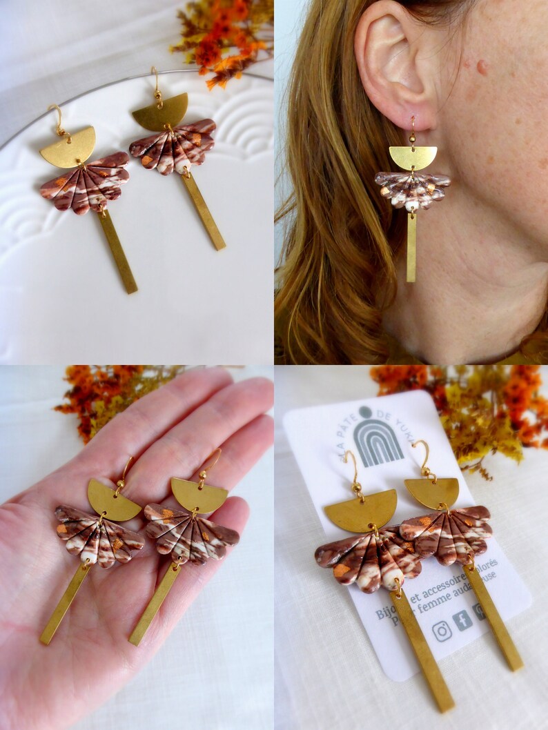 Modern earring in beige brown colors and handmade hypoallergenic copper leaf in polymer clay for women or girls image 3