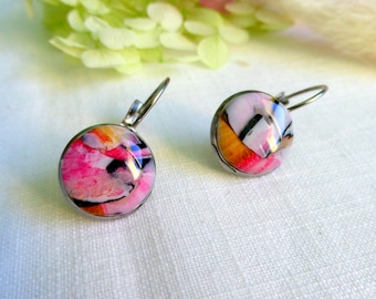 Handmade pink orange black white sleeper earring in polymer clay for women or girls