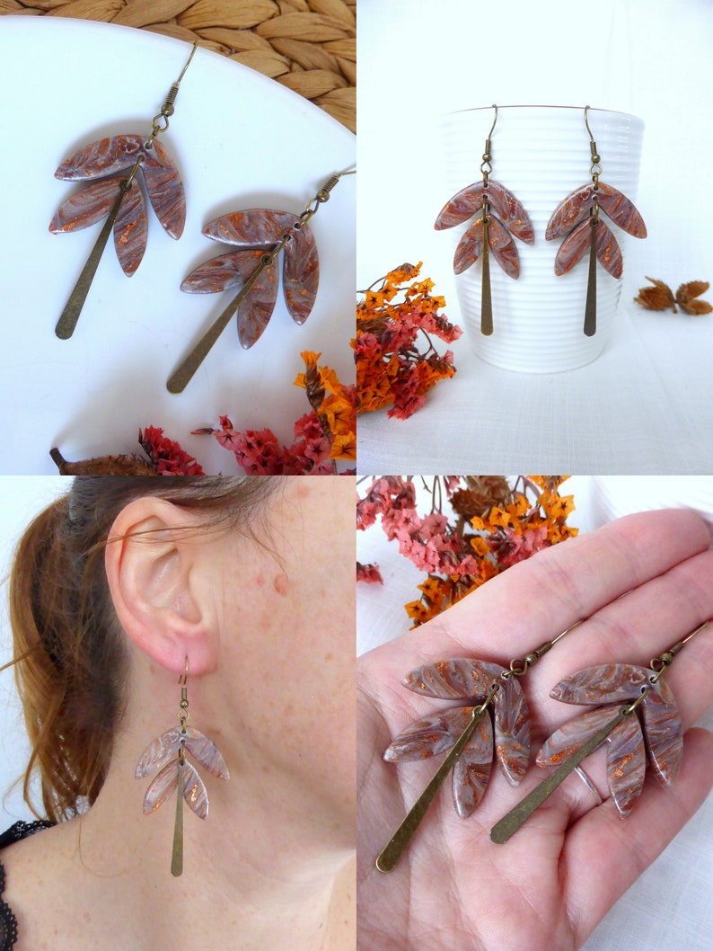 Modern earring in beige brown colors and handmade hypoallergenic copper leaf in polymer clay for women or girls image 4