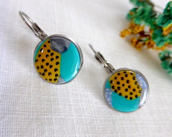 Handmade turquoise yellow blue gray polka dot sleeper earring in polymer clay for women or girls