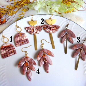 Modern earring in beige brown colors and handmade hypoallergenic copper leaf in polymer clay for women or girls image 6