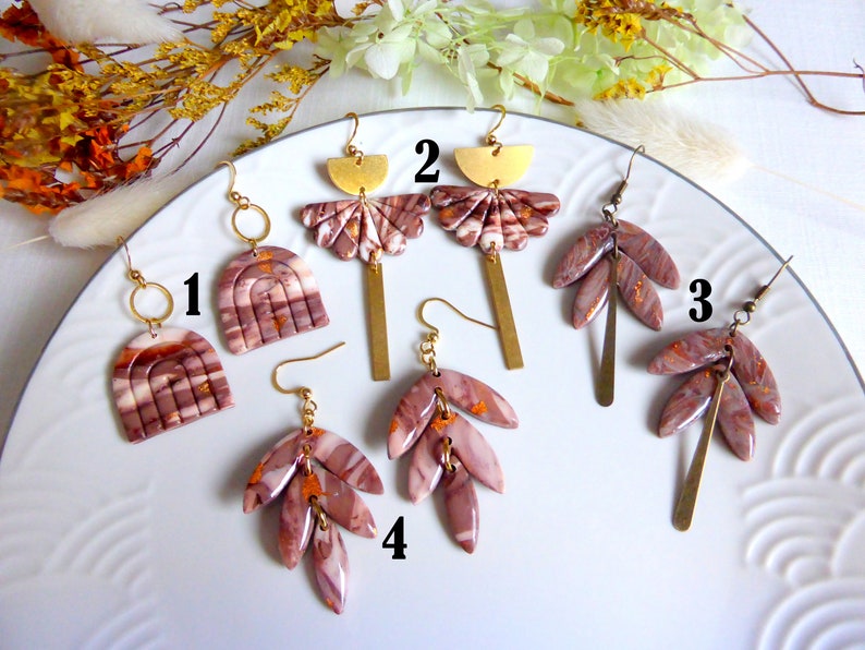 Modern earring in beige brown colors and handmade hypoallergenic copper leaf in polymer clay for women or girls image 6