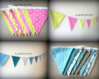 Garland of flags in cotton fabric lined with 2 colors green anise pink or turquoise brown handmade for children's room