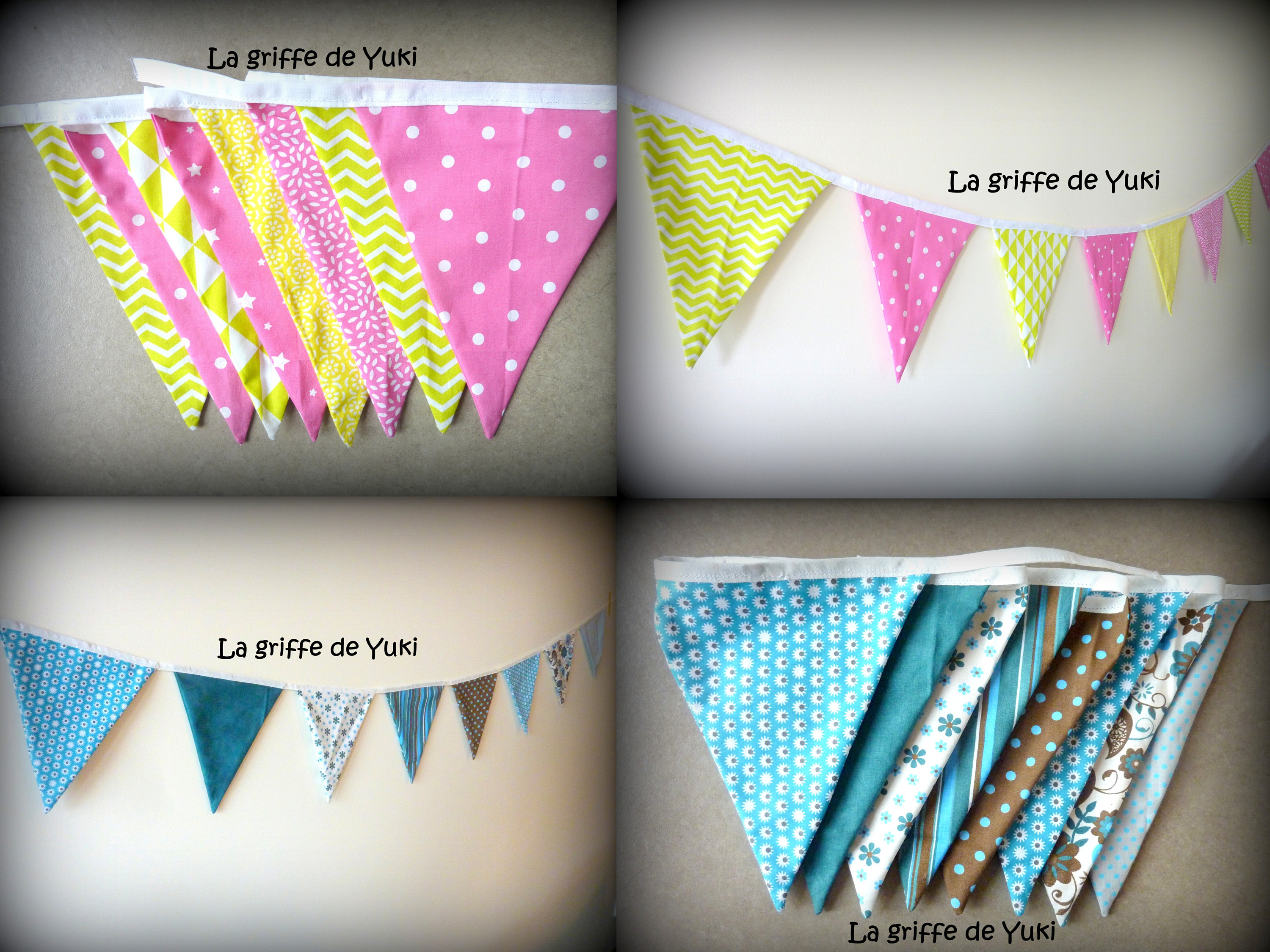 Guirlande de Fanions, Vert Anis Rose, Turquoise Marron, en Tissus, Fait-Main, Pour Chambre d'enfant