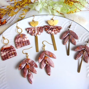 Modern earring in beige brown colors and handmade hypoallergenic copper leaf in polymer clay for women or girls image 1