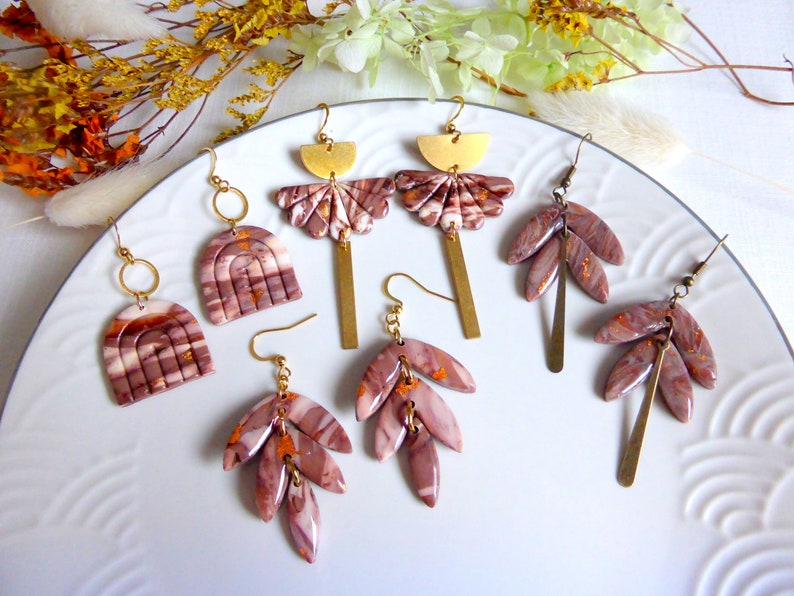 Modern earring in beige brown colors and handmade hypoallergenic copper leaf in polymer clay for women or girls image 1